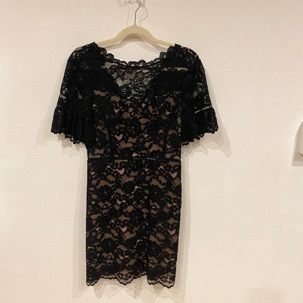 NWT REBECCA TAYLOR open back short sleeve black lace dress Size 4 - Picture 2 of 5